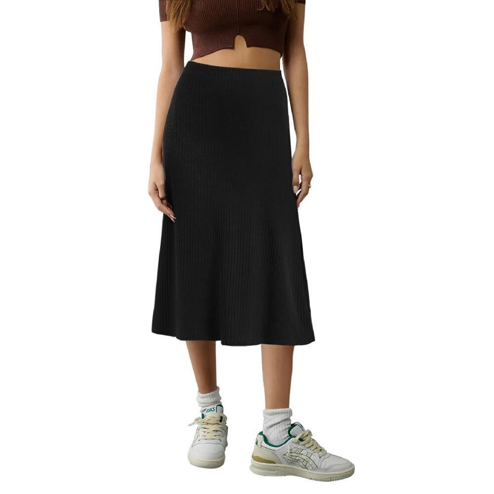 High Waist A-Line Midi Skirt Elastic Ribbed Knit Work Casual